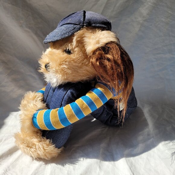 Knee Hugger Shaggy Dog Stuffed Toy Blue Overalls Cap Stripe Shirt Vintage 1981 - Picture 2 of 15